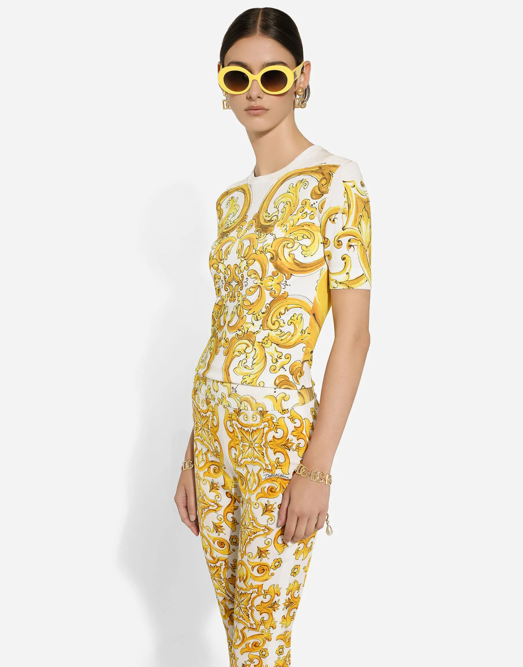 Short-sleeved majolica-print stretch viscose sweater
