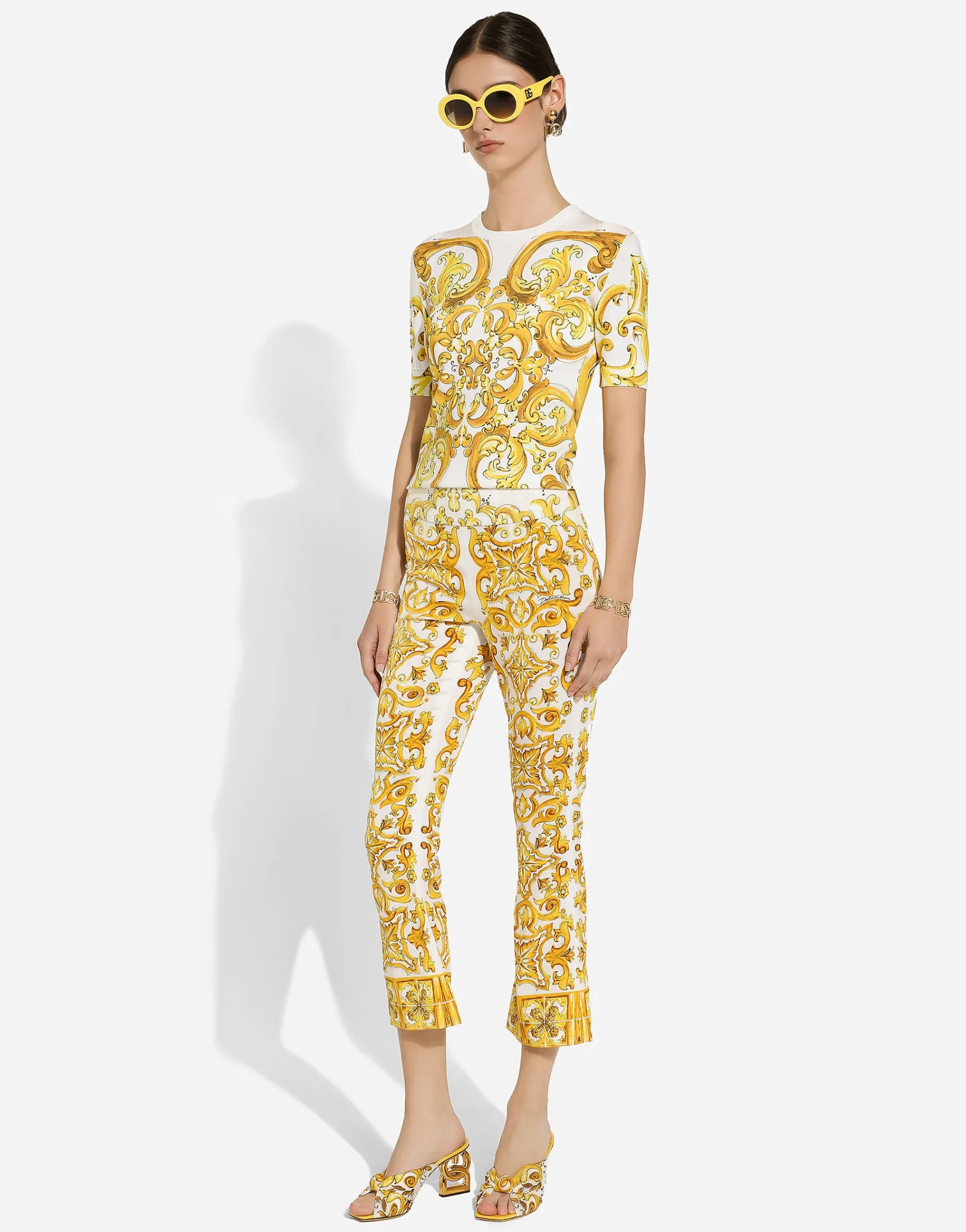 Short-sleeved majolica-print stretch viscose sweater
