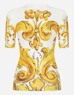 Short-sleeved majolica-print stretch viscose sweater