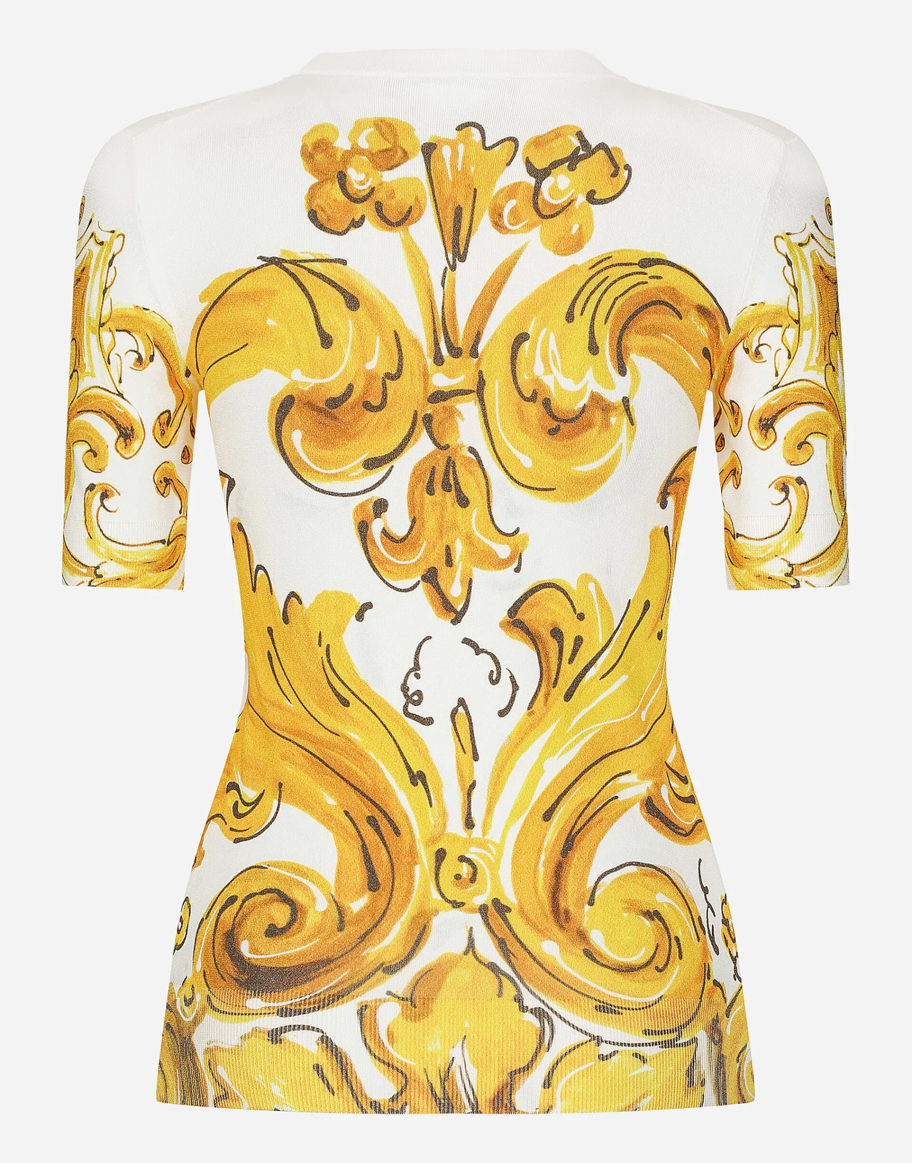 Short-sleeved majolica-print stretch viscose sweater