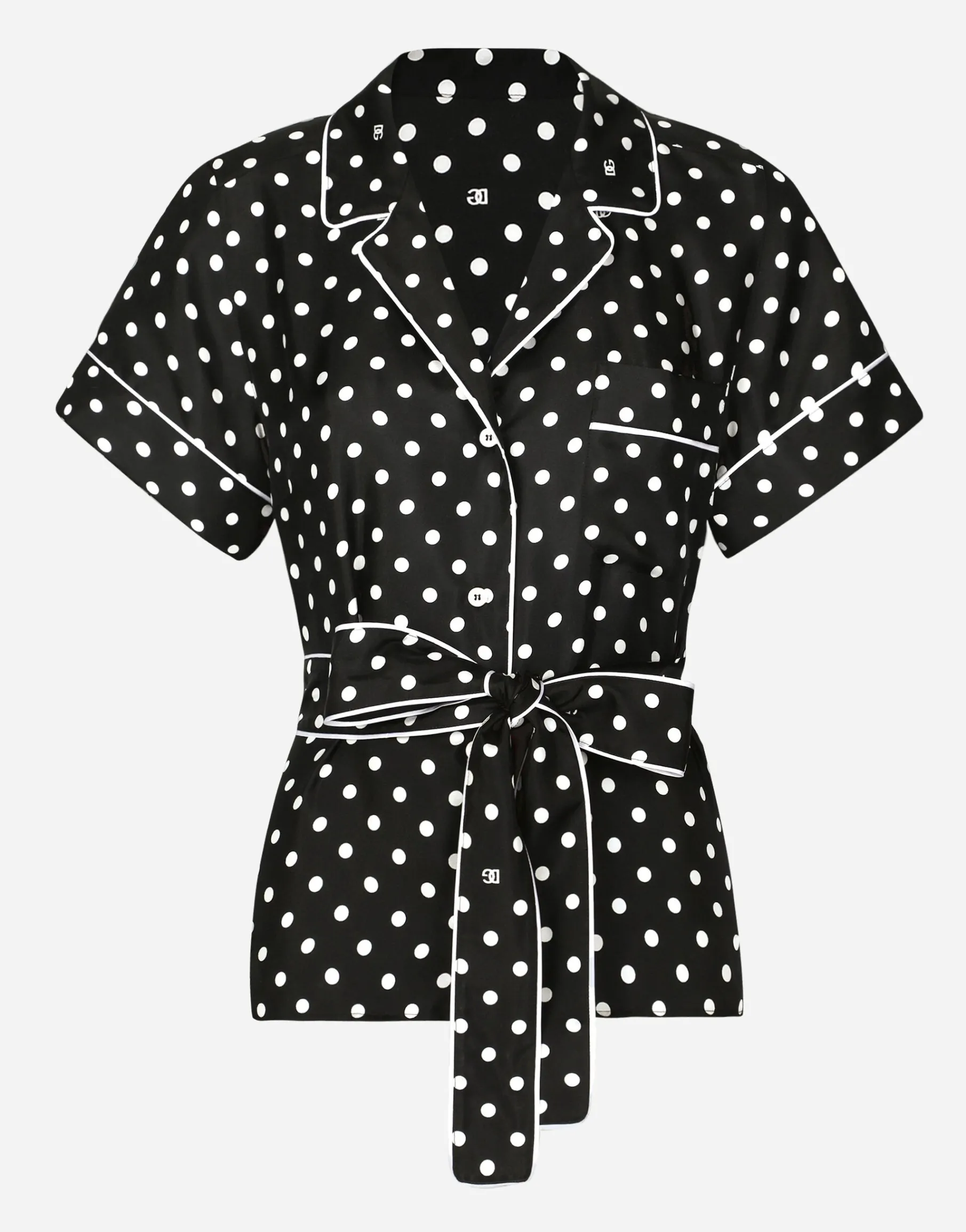 Short-sleeved silk pajama shirt with polka-dot print