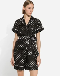 Short-sleeved silk pajama shirt with polka-dot print
