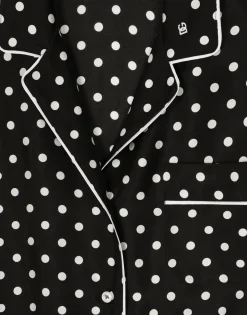 Short-sleeved silk pajama shirt with polka-dot print