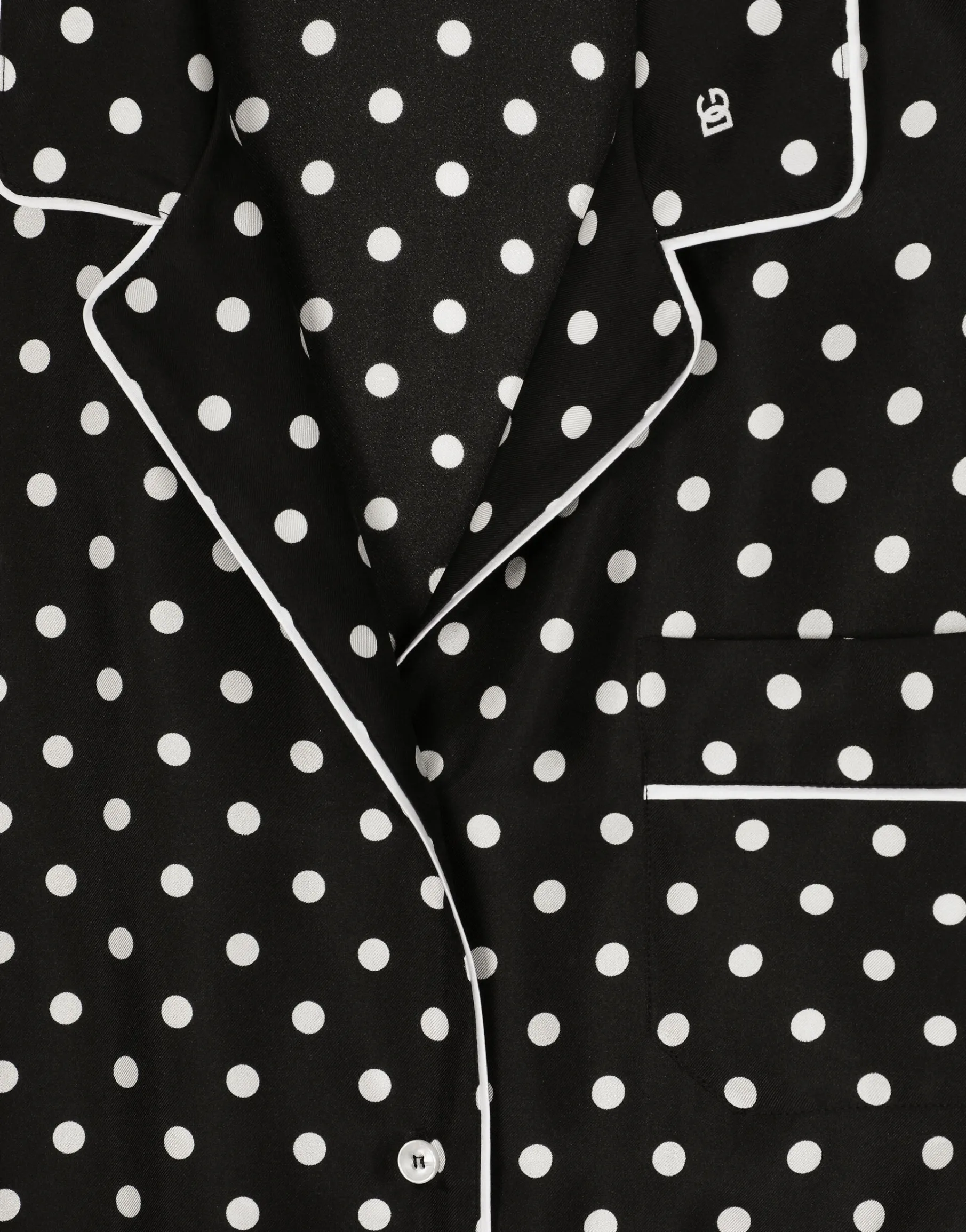 Short-sleeved silk pajama shirt with polka-dot print