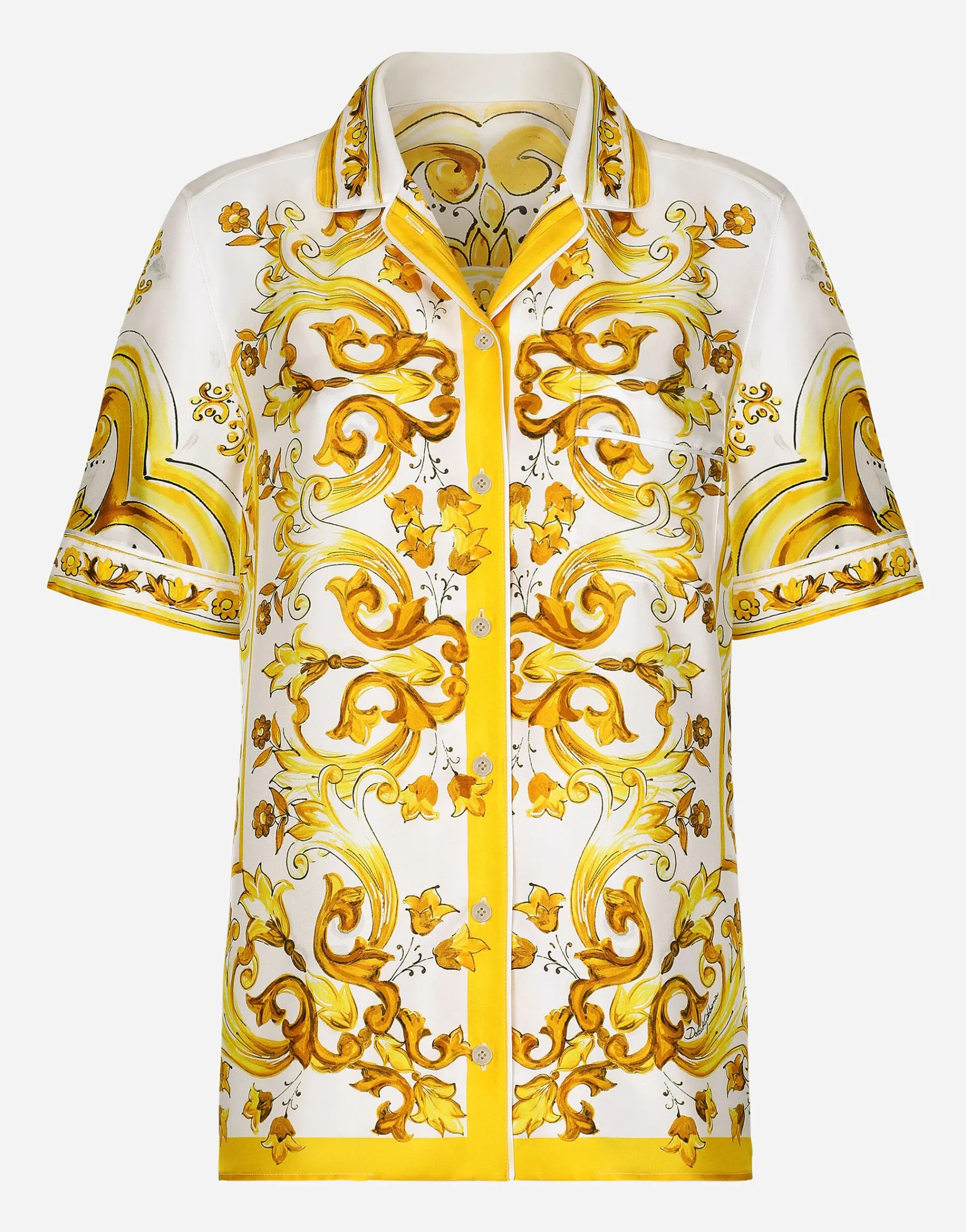 Short-sleeved silk twill shirt with majolica print