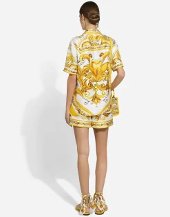 Short-sleeved silk twill shirt with majolica print