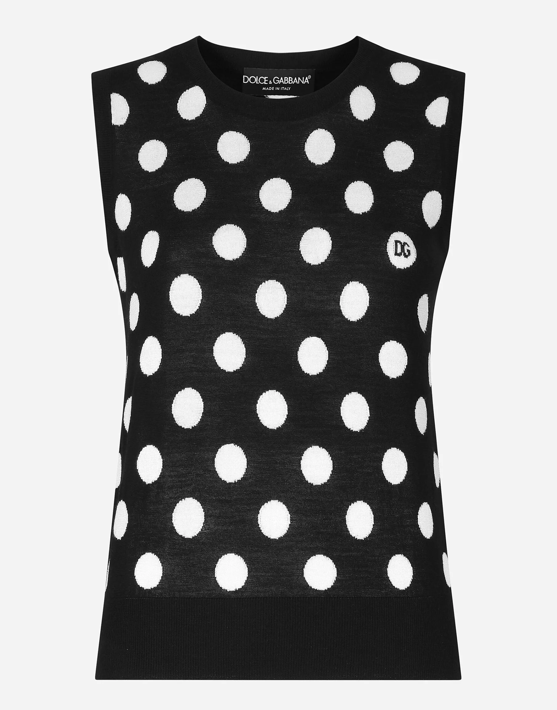 Silk and wool tank top with polka-dot inlay