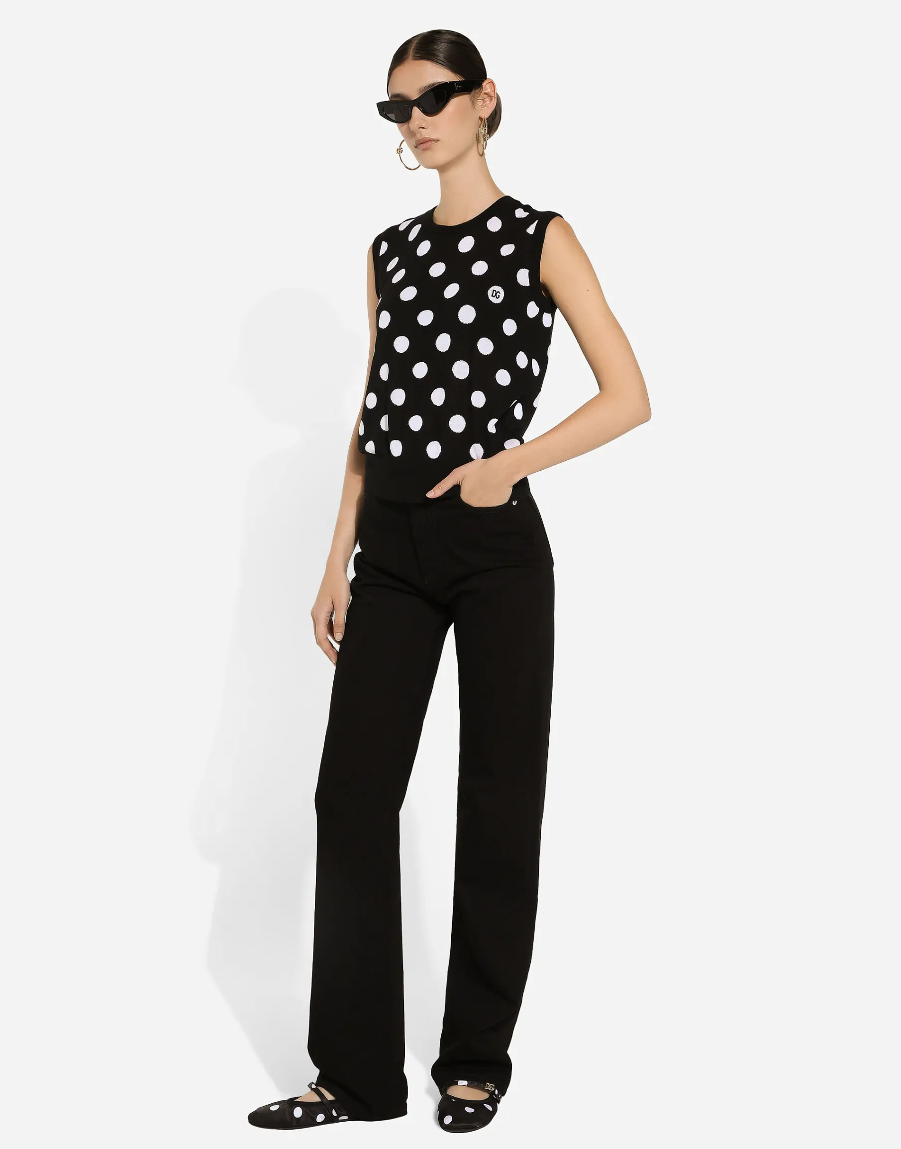 Silk and wool tank top with polka-dot inlay