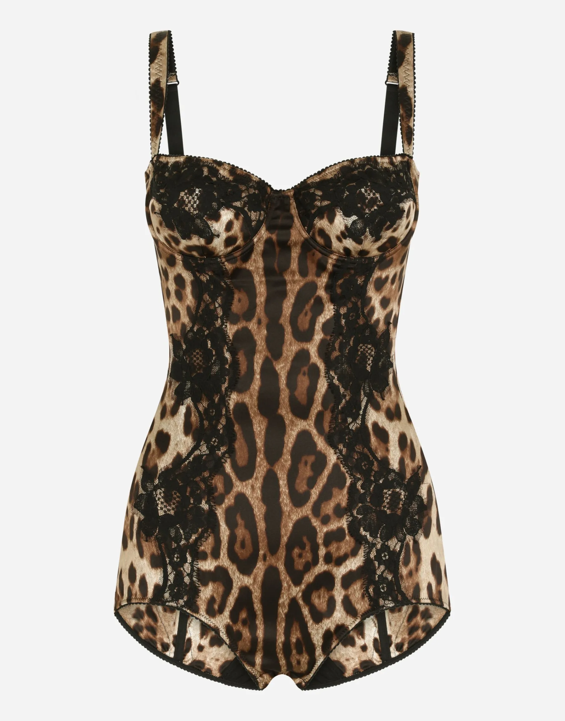 Silk balconette lingerie bodysuit with leopard-print lace details