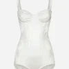 Silk balconette-bra bodysuit with lace detailing