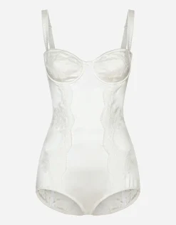 Silk balconette-bra bodysuit with lace detailing