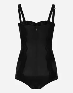 Silk balconette-bra bodysuit with lace detailing