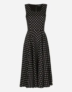 Silk charmeuse calf-length circle-skirt dress with polka-dot print