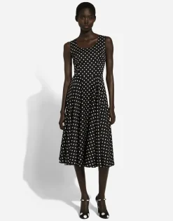 Silk charmeuse calf-length circle-skirt dress with polka-dot print