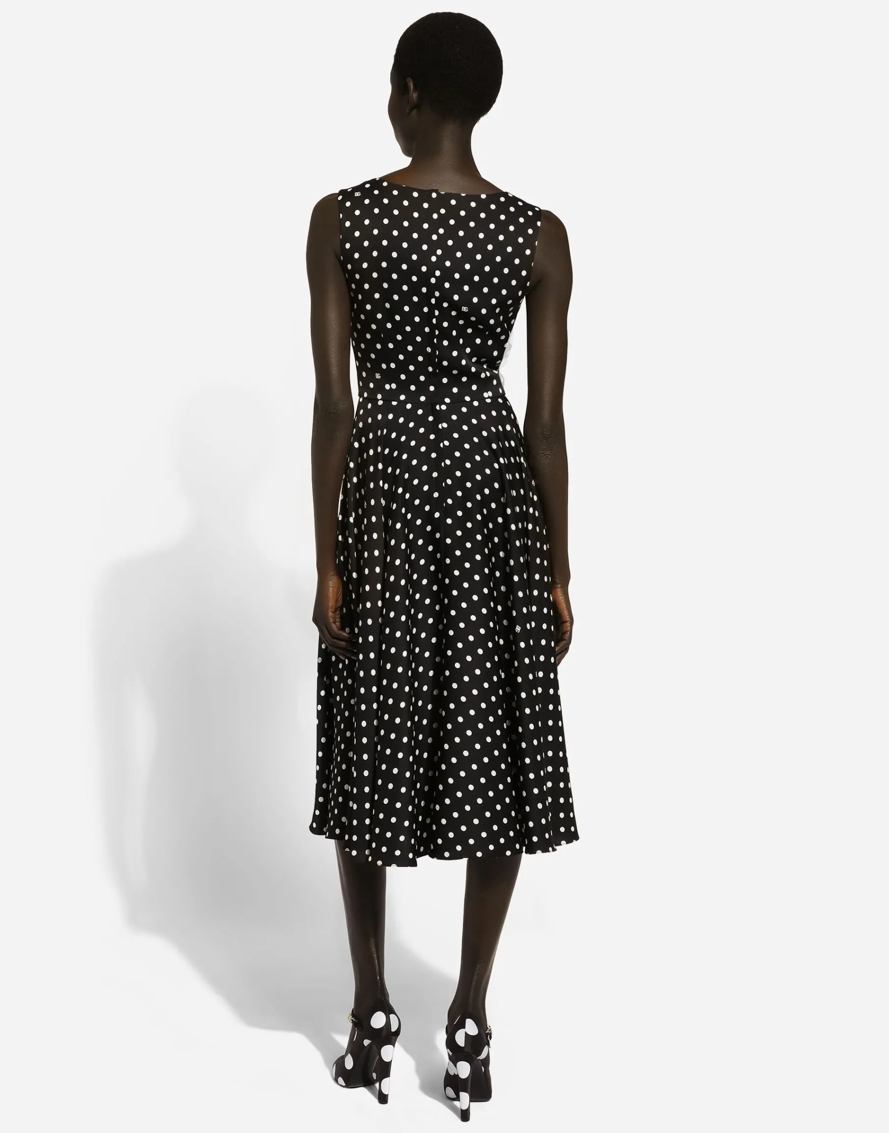 Silk charmeuse calf-length circle-skirt dress with polka-dot print