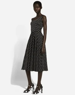 Silk charmeuse calf-length circle-skirt dress with polka-dot print