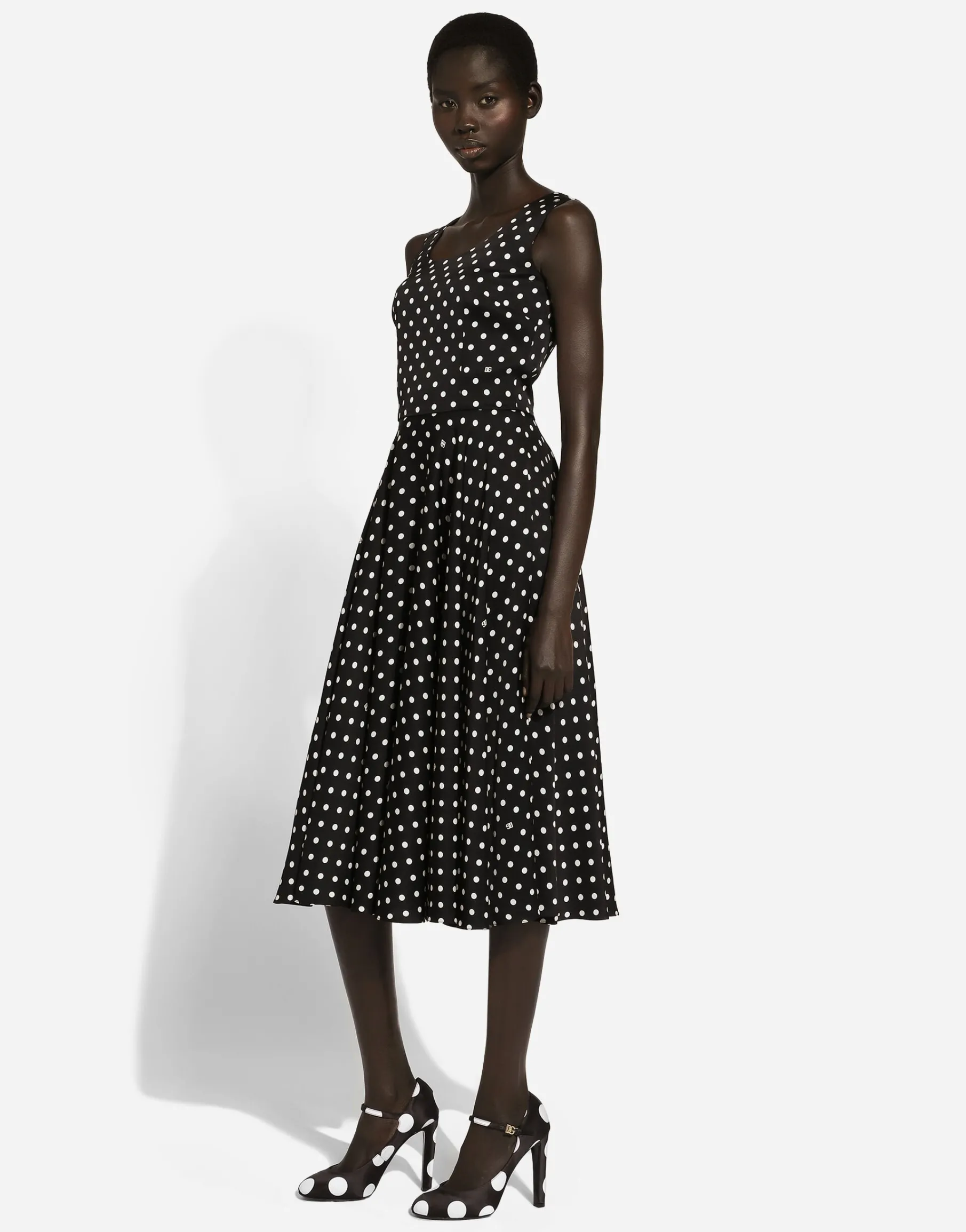 Silk charmeuse calf-length circle-skirt dress with polka-dot print