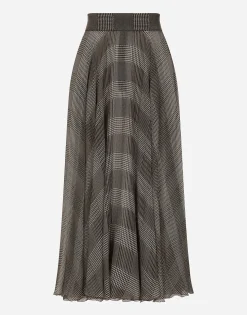 Silk chiffon calf-length circle skirt with glen plaid print