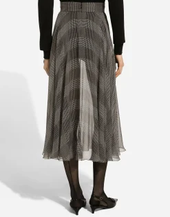 Silk chiffon calf-length circle skirt with glen plaid print