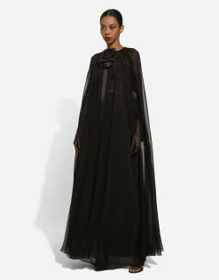 Silk chiffon cape with flower appliqué