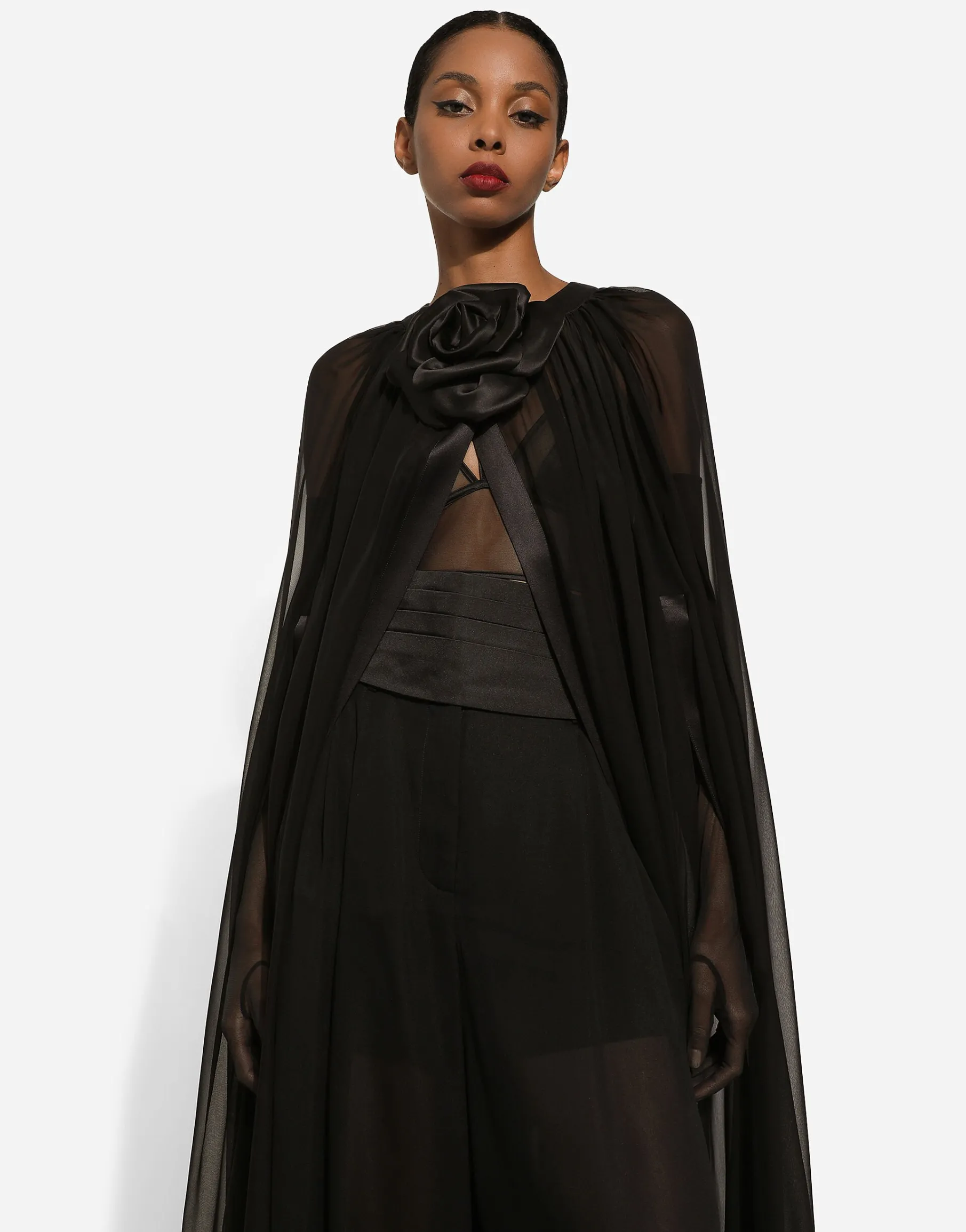 Silk chiffon cape with flower appliqué
