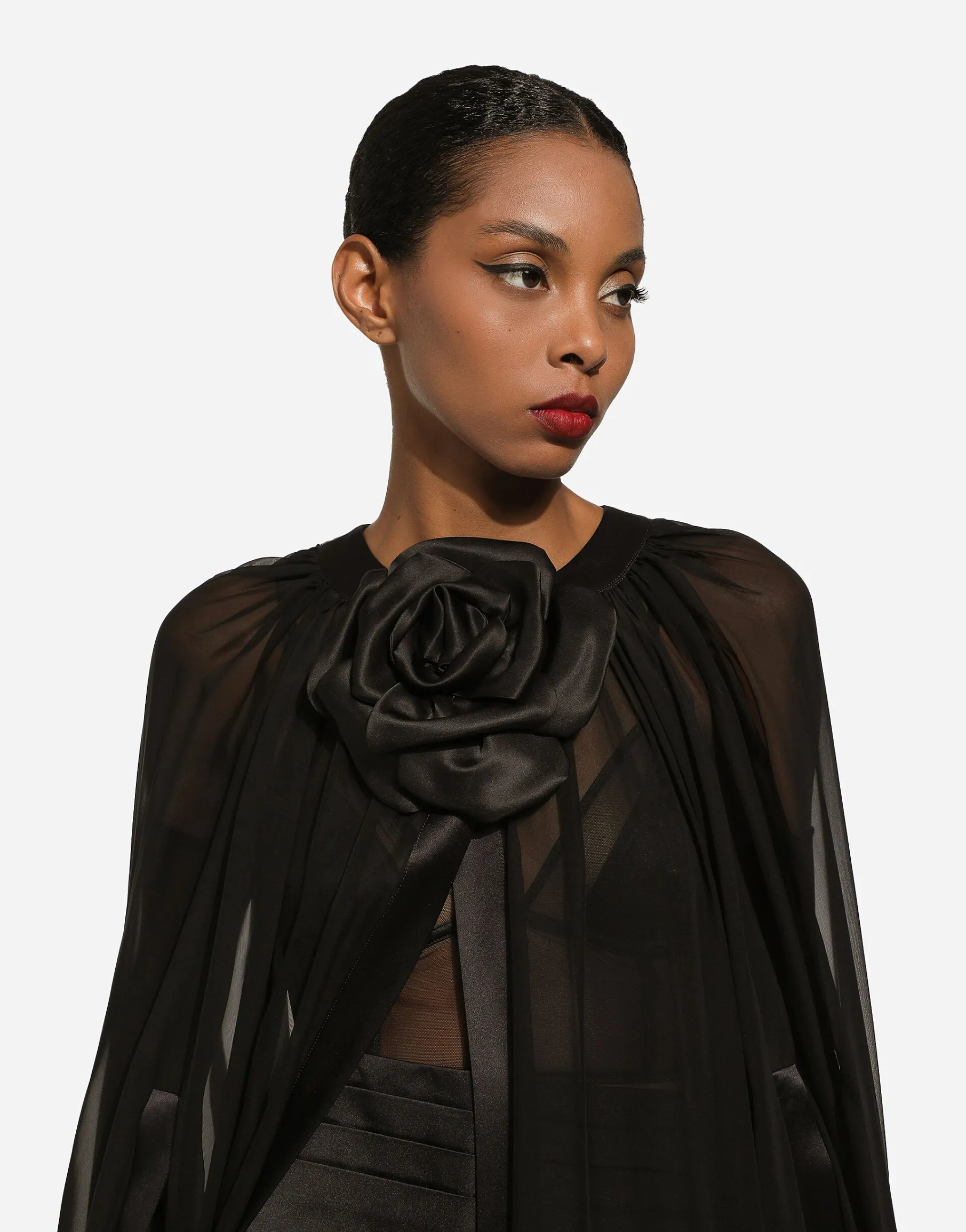 Silk chiffon cape with flower appliqué