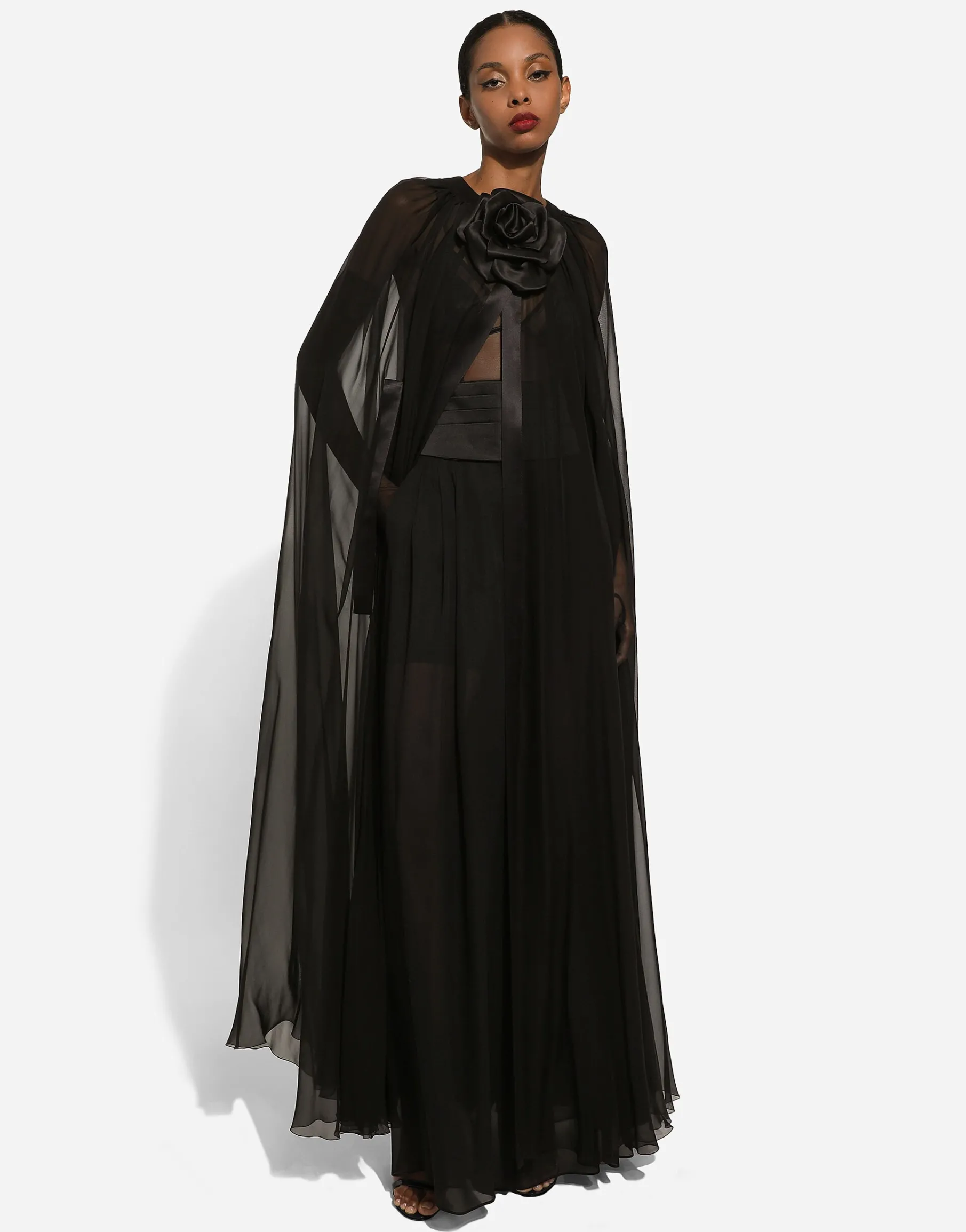 Silk chiffon cape with flower appliqué