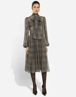 Silk chiffon dress with glen plaid print