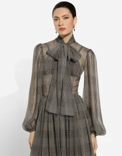 Silk chiffon dress with glen plaid print