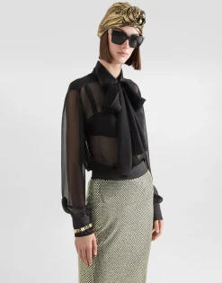 Silk chiffon shirt with pussy-bow