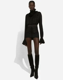 Silk jacquard shirt with pleated cuffs and collar