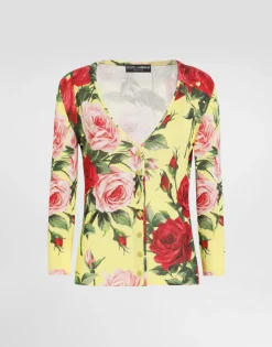 Silk knit cardigan with bouquet print