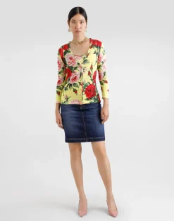 Silk knit cardigan with bouquet print