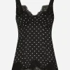 Silk lingerie-style top with polka-dot print and lace detailing
