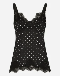 Silk lingerie-style top with polka-dot print and lace detailing