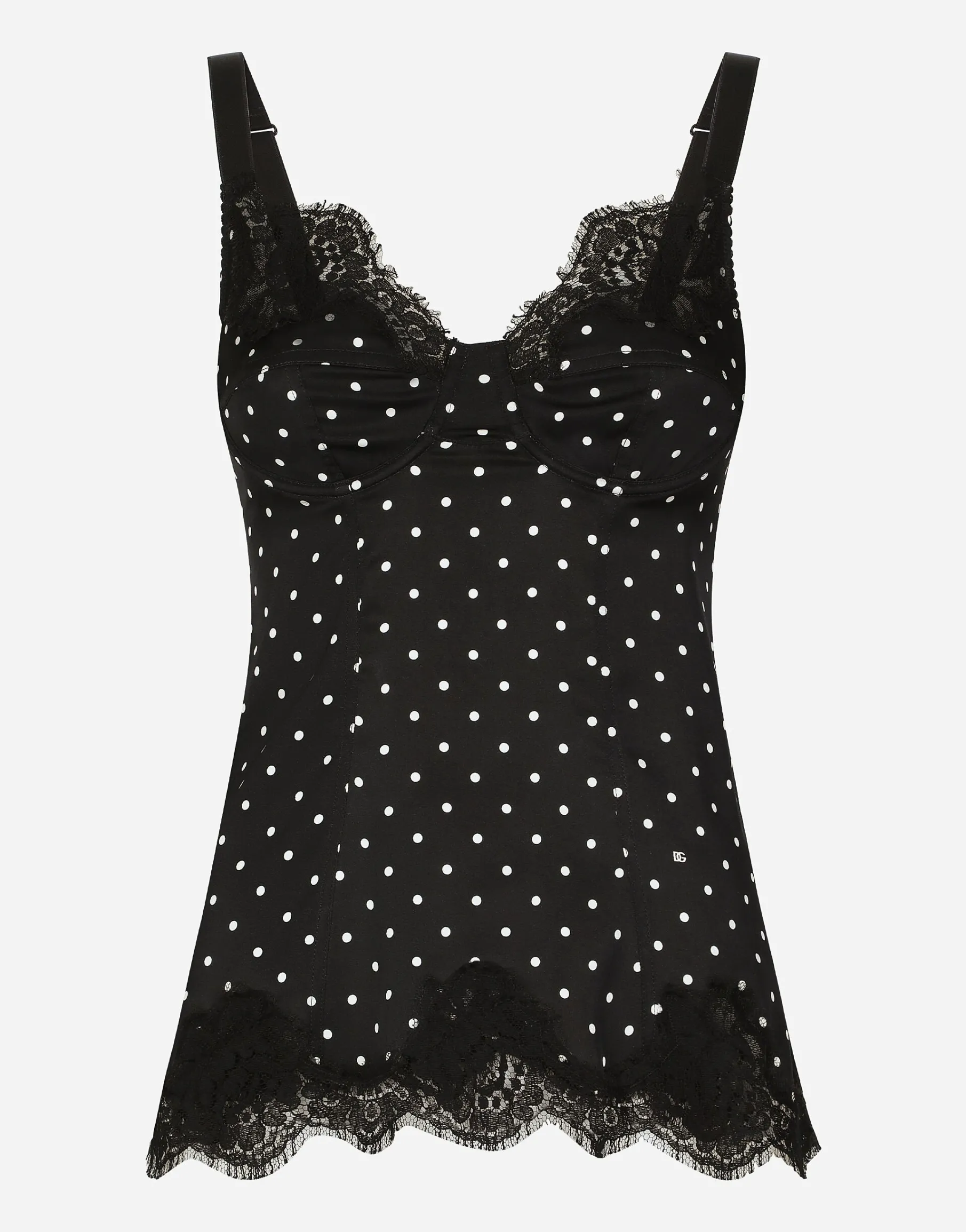 Silk lingerie-style top with polka-dot print and lace detailing