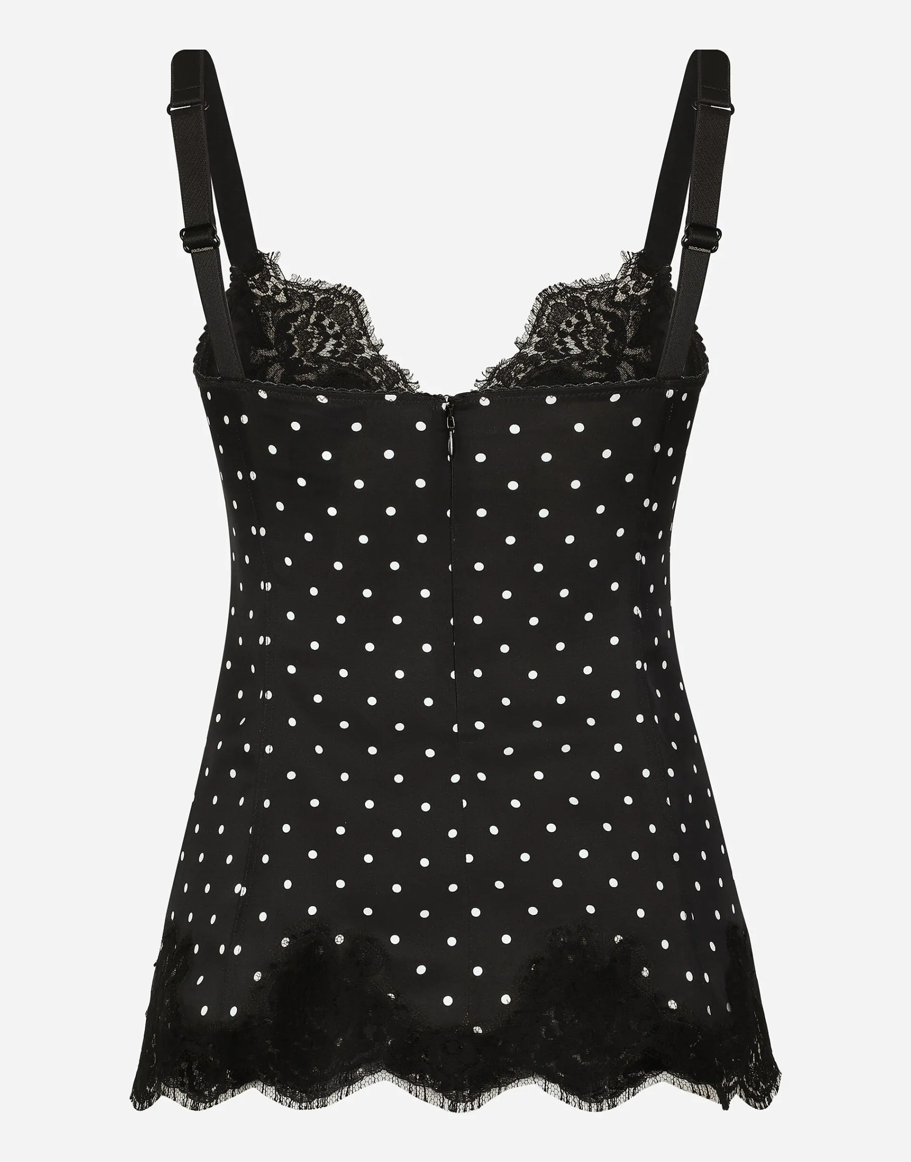 Silk lingerie-style top with polka-dot print and lace detailing