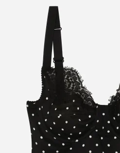 Silk lingerie-style top with polka-dot print and lace detailing