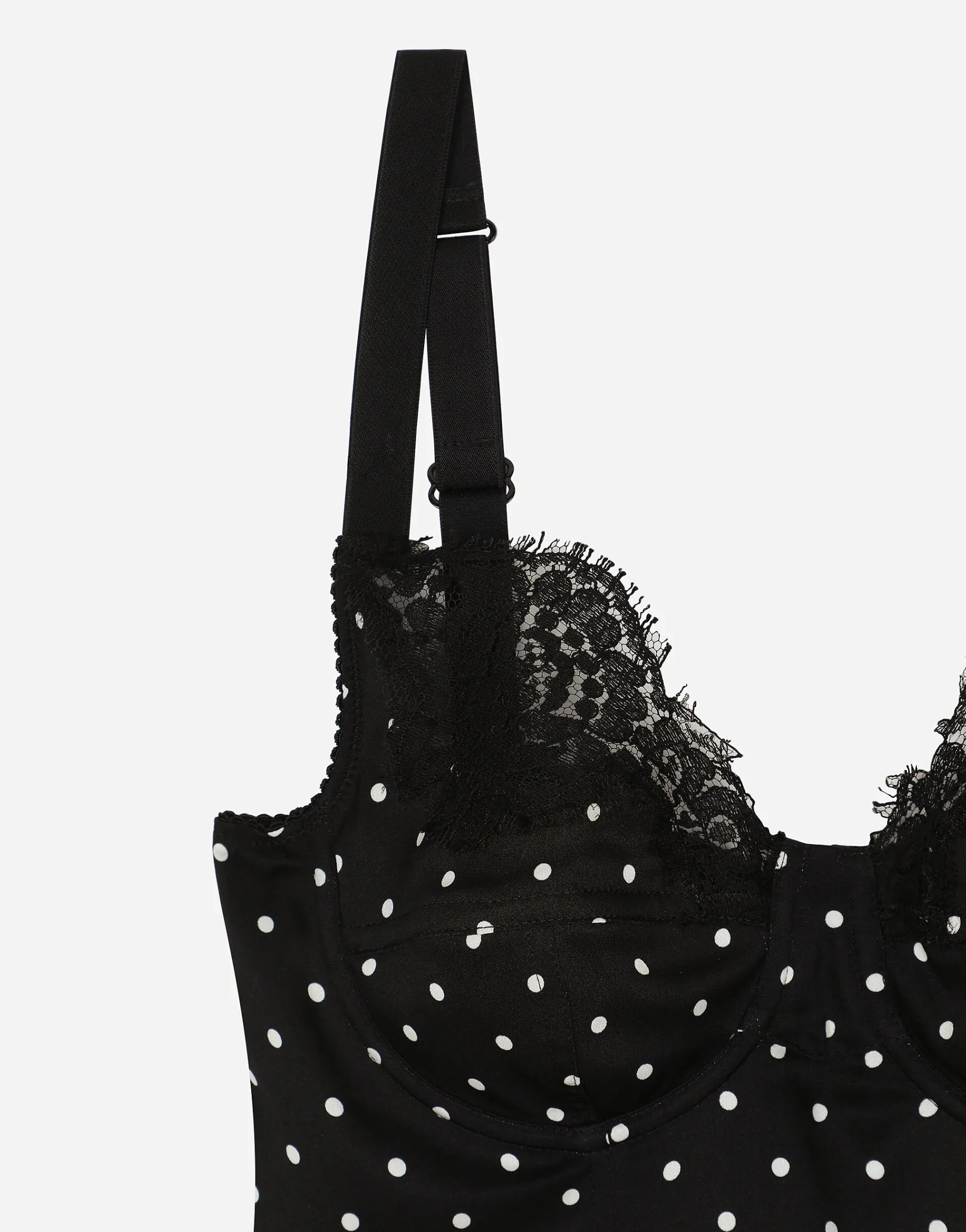 Silk lingerie-style top with polka-dot print and lace detailing