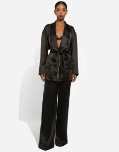 Silk long-sleeved pajama jacket with belt