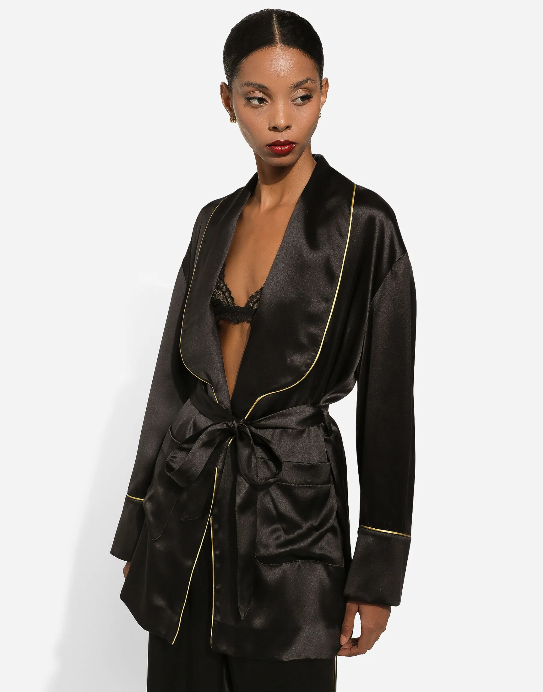 Silk long-sleeved pajama jacket with belt