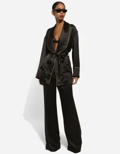Silk long-sleeved pajama jacket with belt