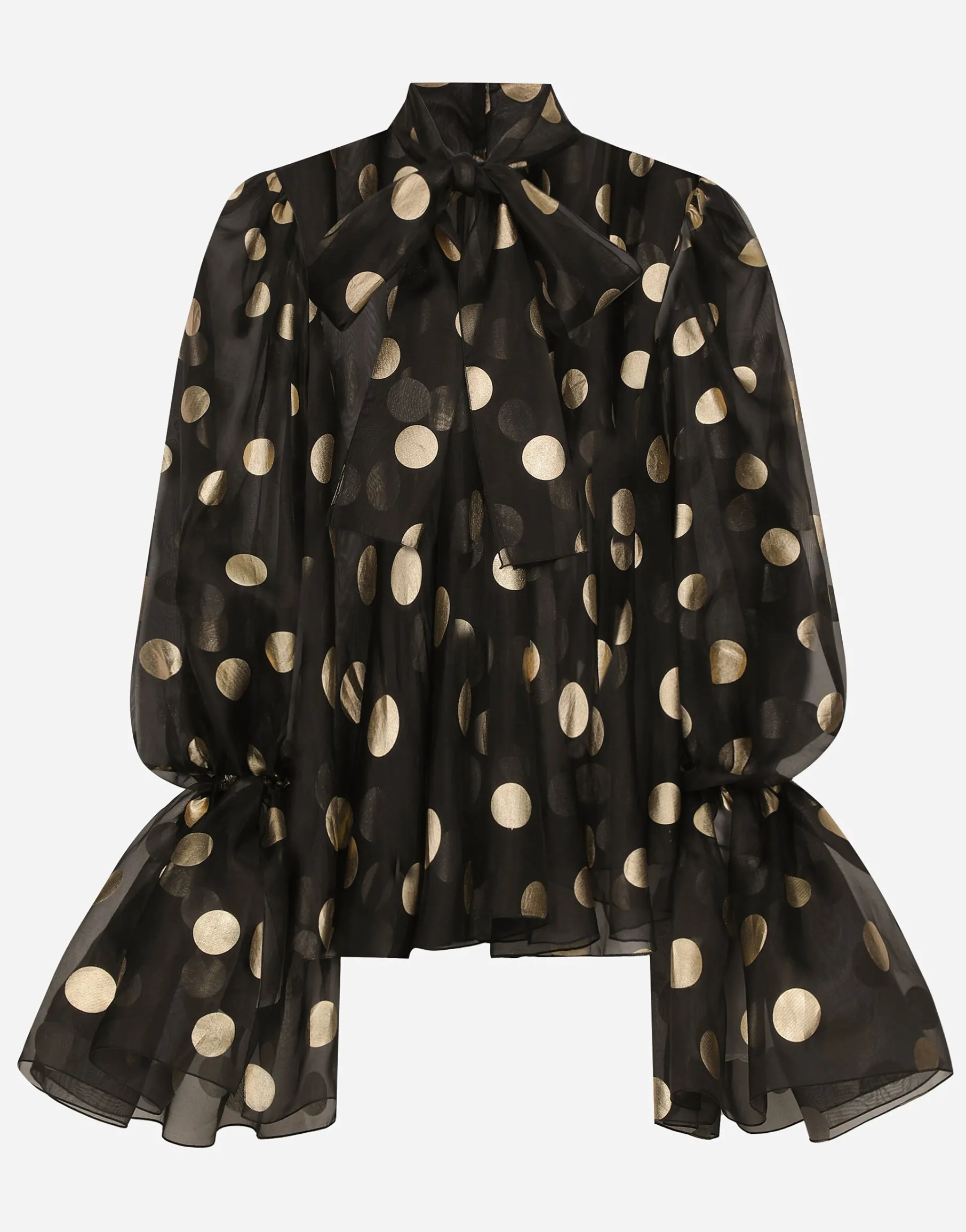 Silk organza jacquard blouse with polka-dot design and pussy-bow