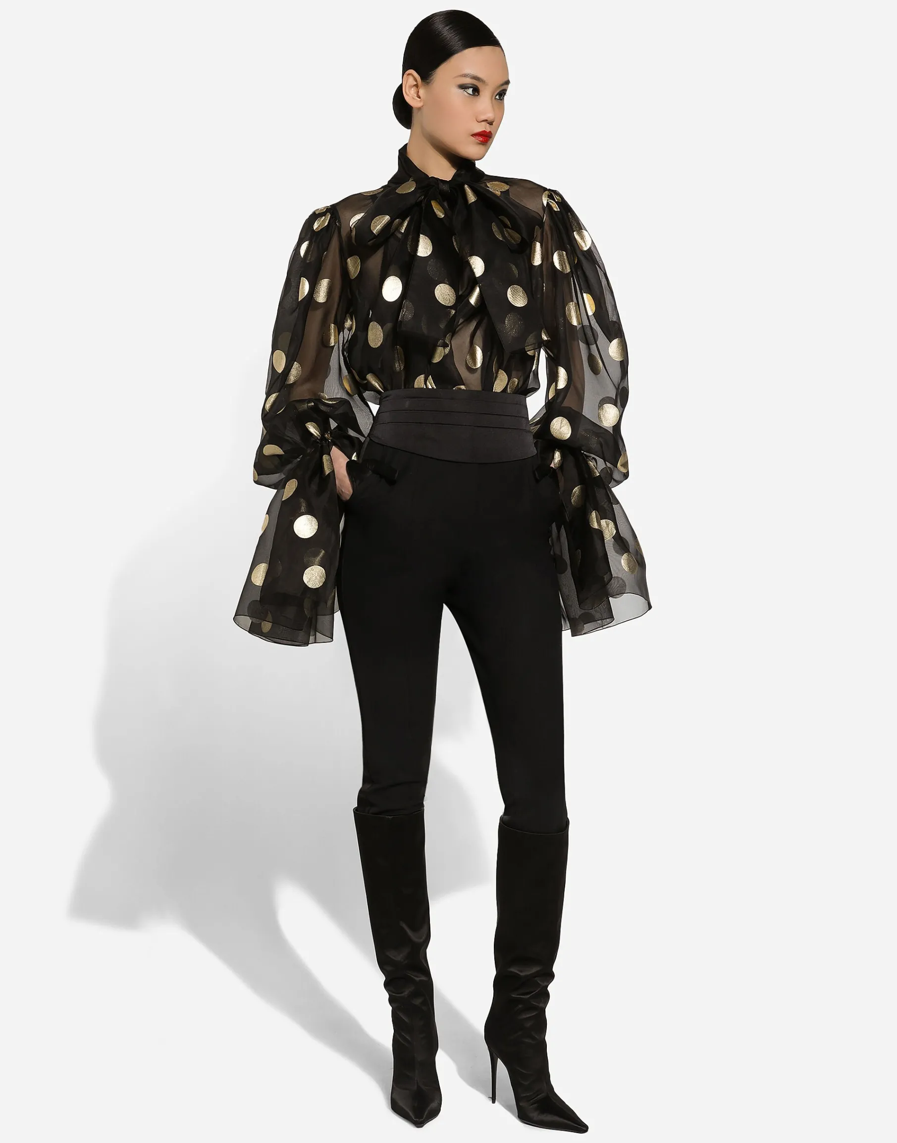 Silk organza jacquard blouse with polka-dot design and pussy-bow