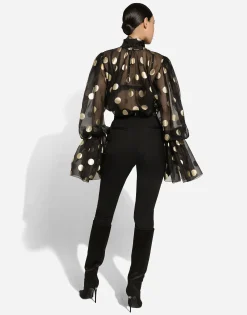 Silk organza jacquard blouse with polka-dot design and pussy-bow