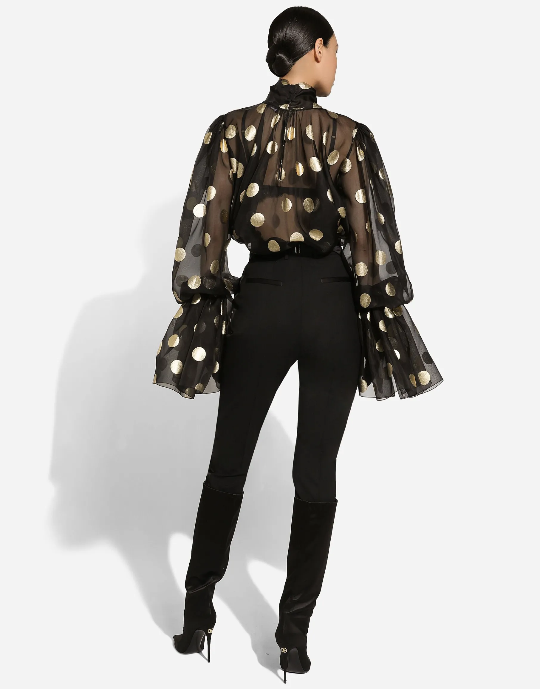 Silk organza jacquard blouse with polka-dot design and pussy-bow