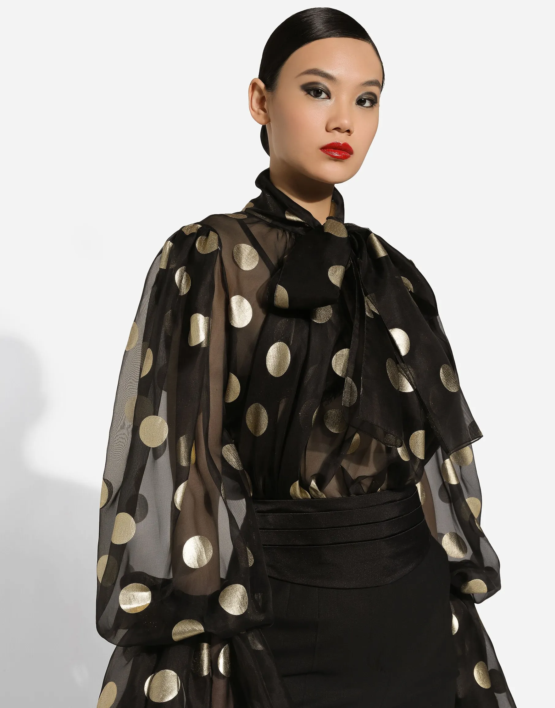Silk organza jacquard blouse with polka-dot design and pussy-bow