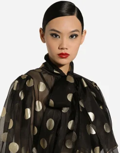 Silk organza jacquard blouse with polka-dot design and pussy-bow
