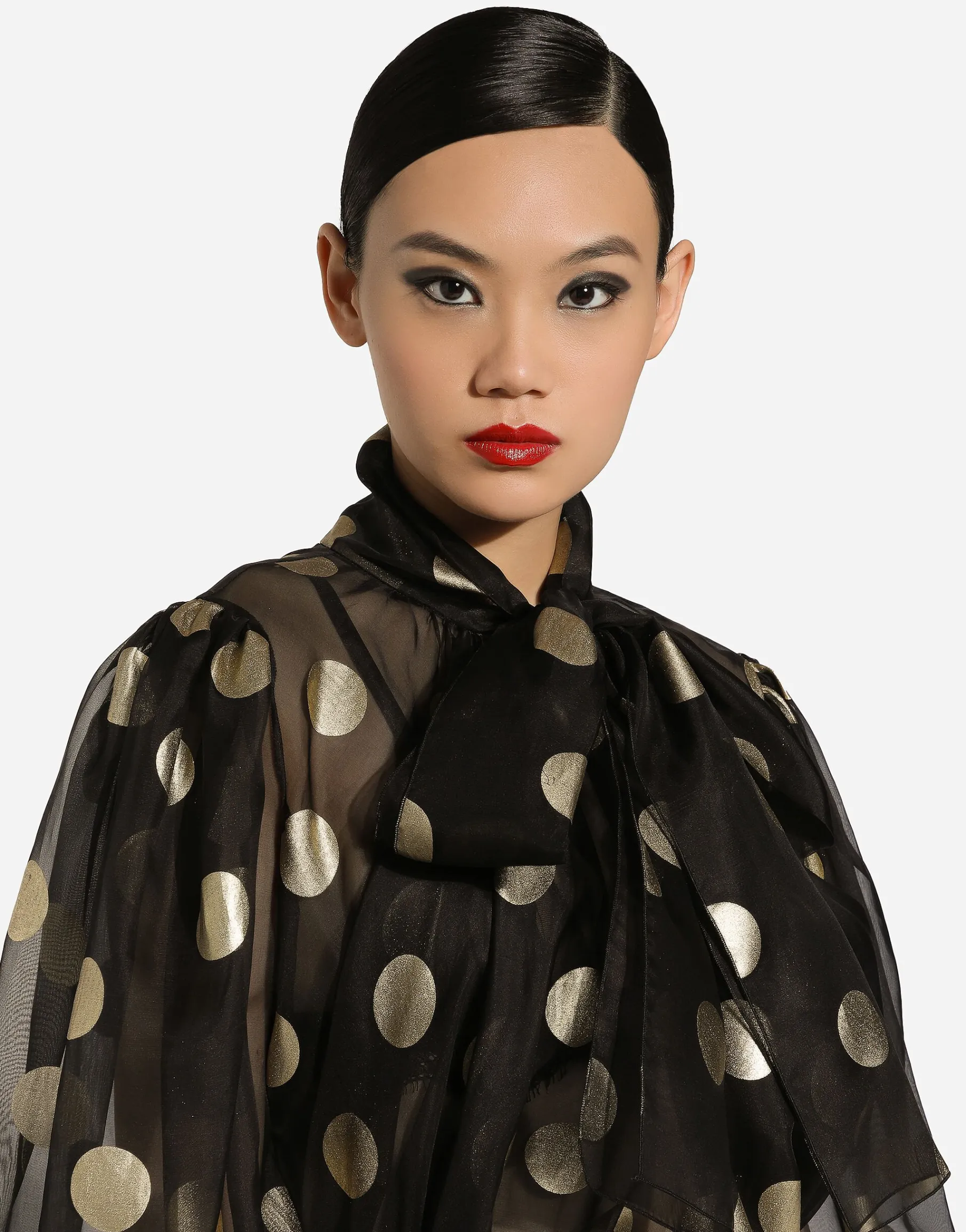 Silk organza jacquard blouse with polka-dot design and pussy-bow