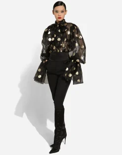 Silk organza jacquard blouse with polka-dot design and pussy-bow